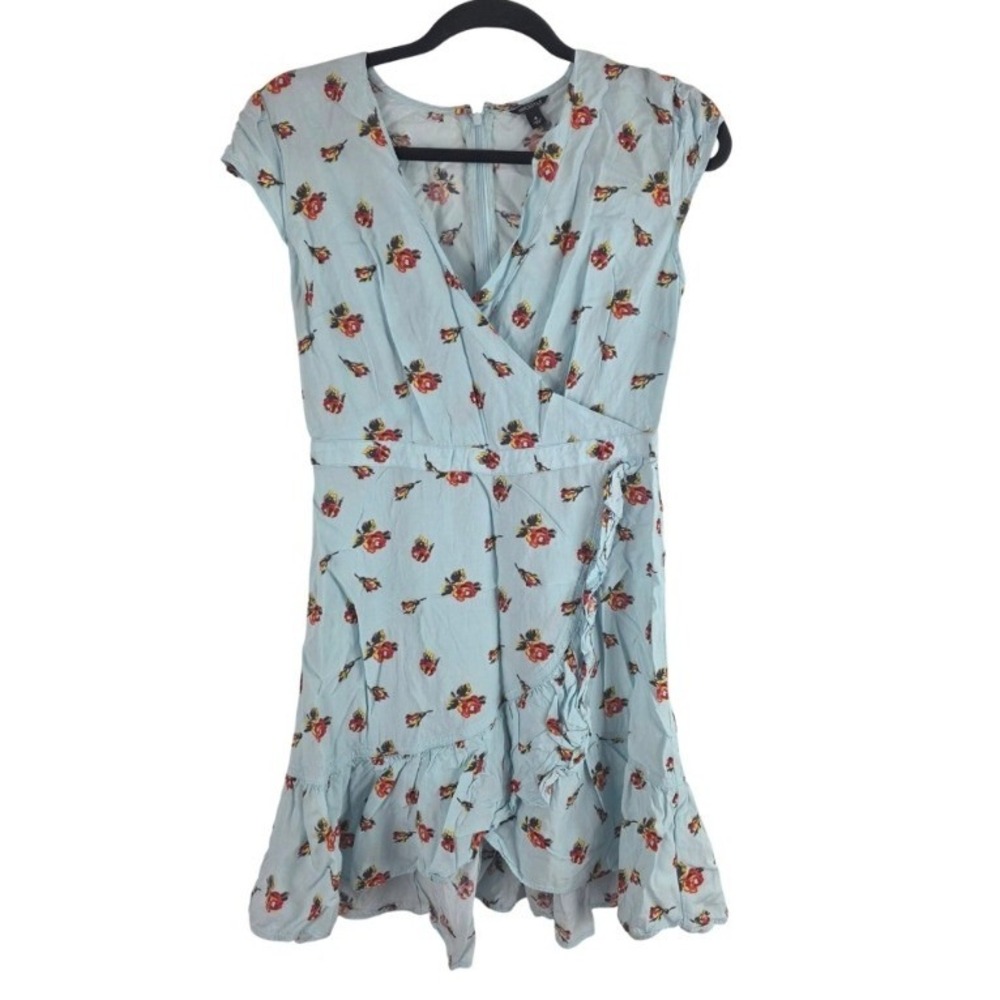 J.Crew Mercantile Blue Floral Ruffle Wrap Dress Cap Sleeve Mini Viscose Womens 4